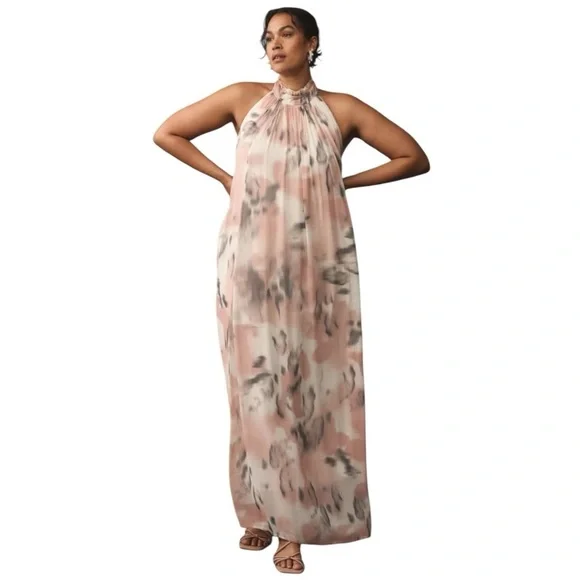 ANTHROPOLOGIE Maeve Sheer Printed Halter Maxi Dress Open Back Size 1X NEW - Picture 5 of 16